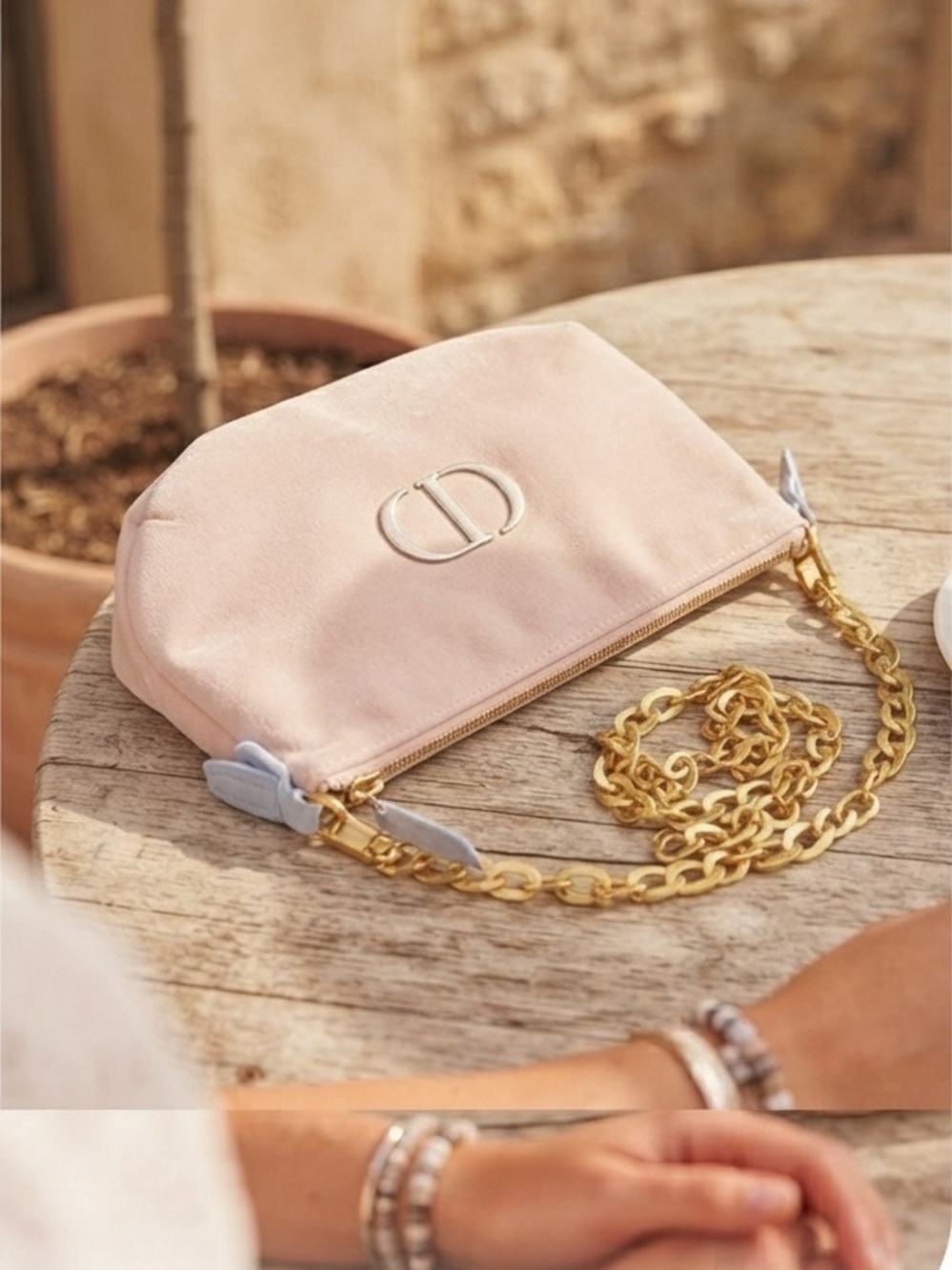 Perfect Day wear !Dior Peach Soft Velvet Cosmetic Bag with stunning Gold Chain